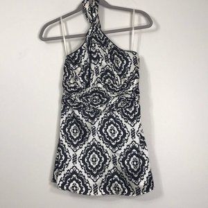 Halter Top Black White Print Ruching Small
